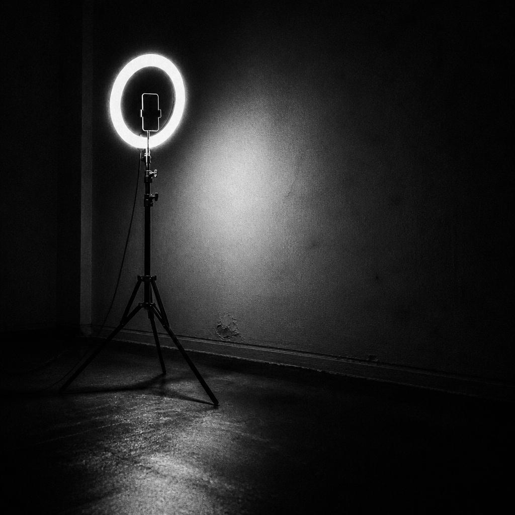 Abandoned ring light and phone tripod in a dark room